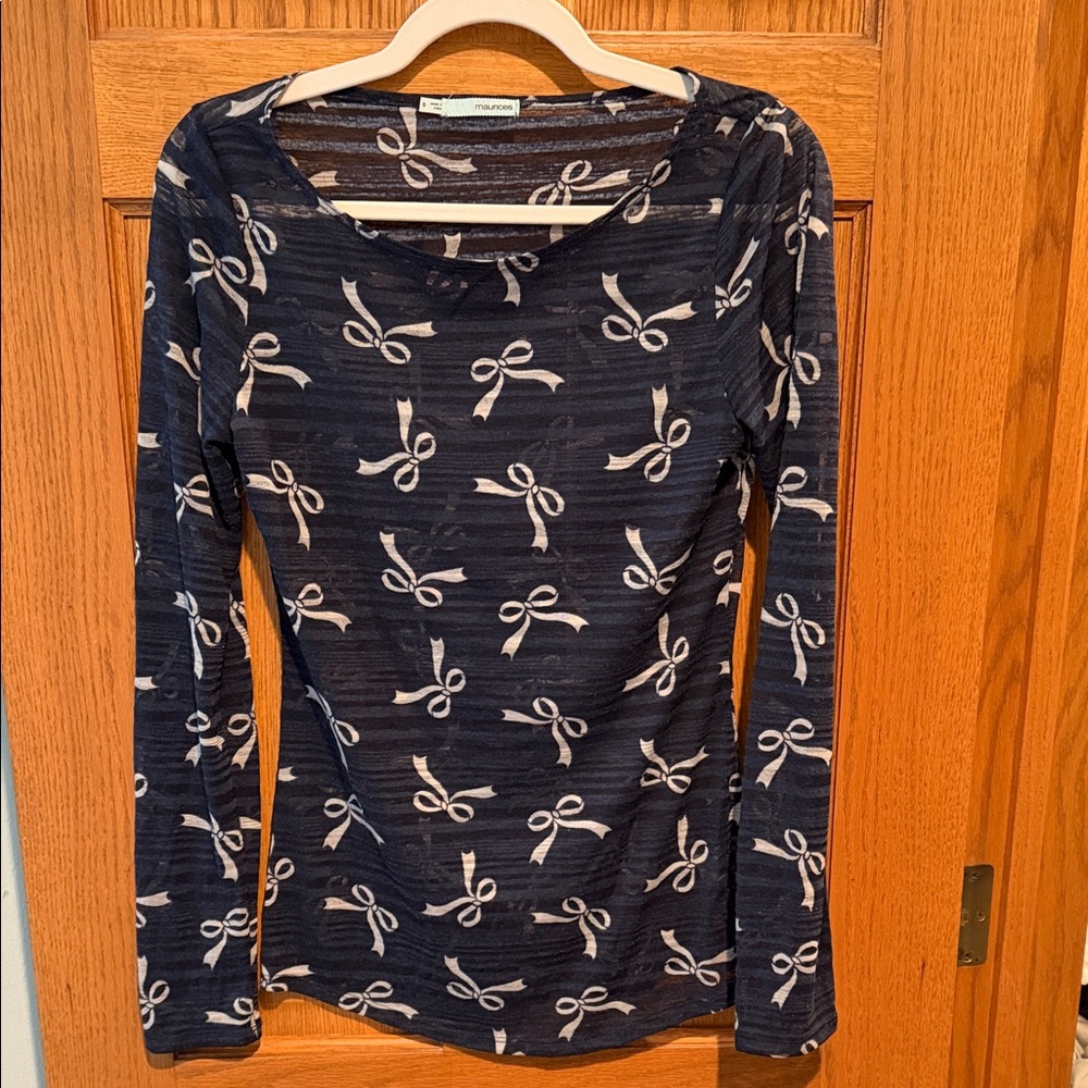 Maurices Navy and White Bow Print Long Sleeve Top